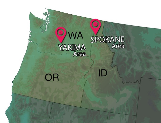 Waupaca Northwoods map coverage highlighting Yakima and Spokane areas