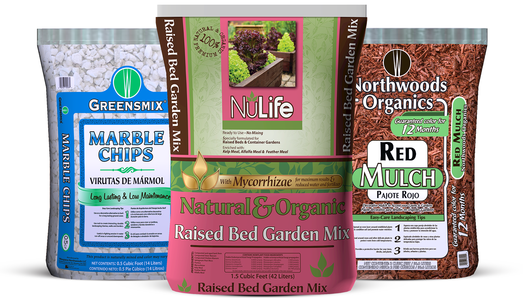 Product bags of Greensmix Marble Chips, NuLife Natural & Organic Raised Bed Garden Mix and Northwoods Organics Red Mulch